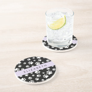 Paw Pattern, Dog Paws, Black and White, Your Name Coaster