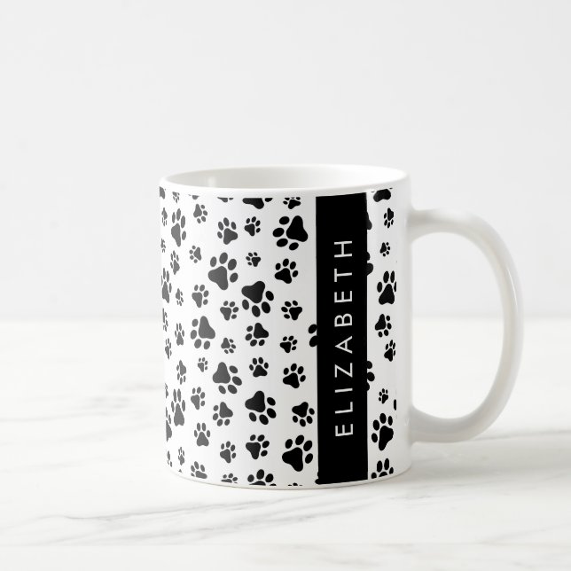Paw Pattern, Dog Paws, Black and White, Your Name Coffee Mug (Right)