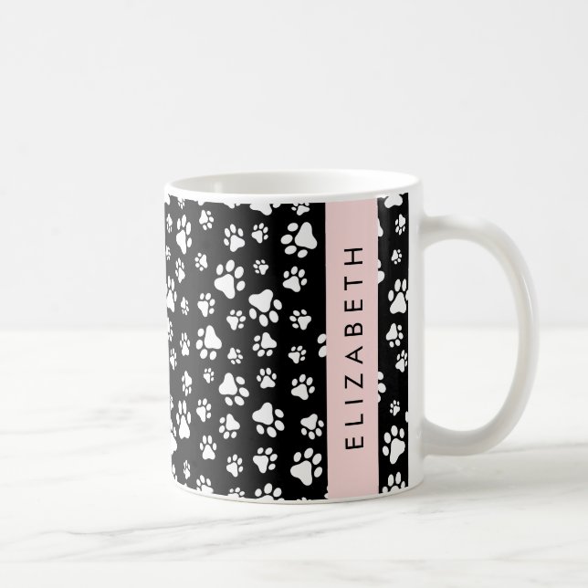 Paw Pattern, Dog Paws, Black and White, Your Name Coffee Mug (Right)