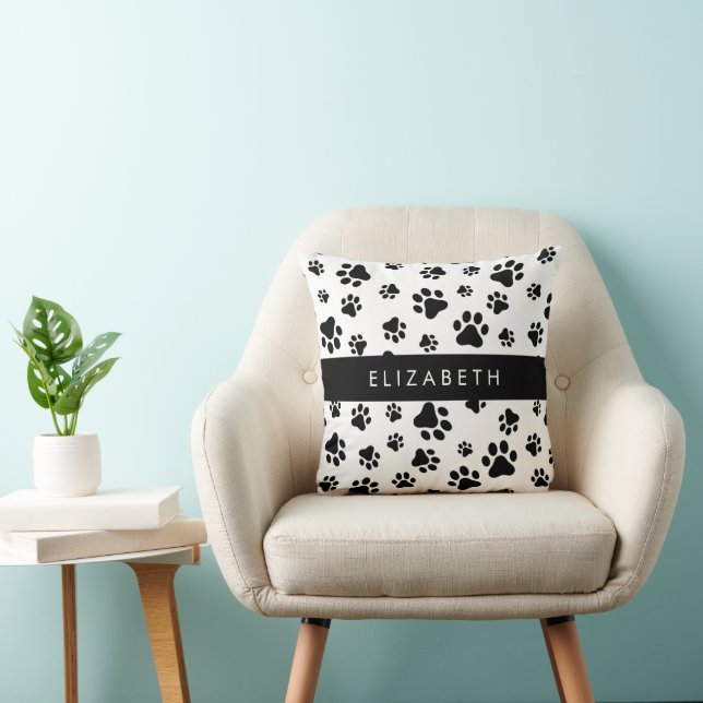 Paw Pattern, Dog Paws, Black and White, Your Name Cushion (Chair)