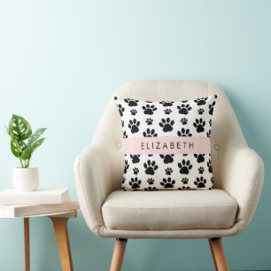 Paw Pattern, Dog Paws, Black and White, Your Name Cushion