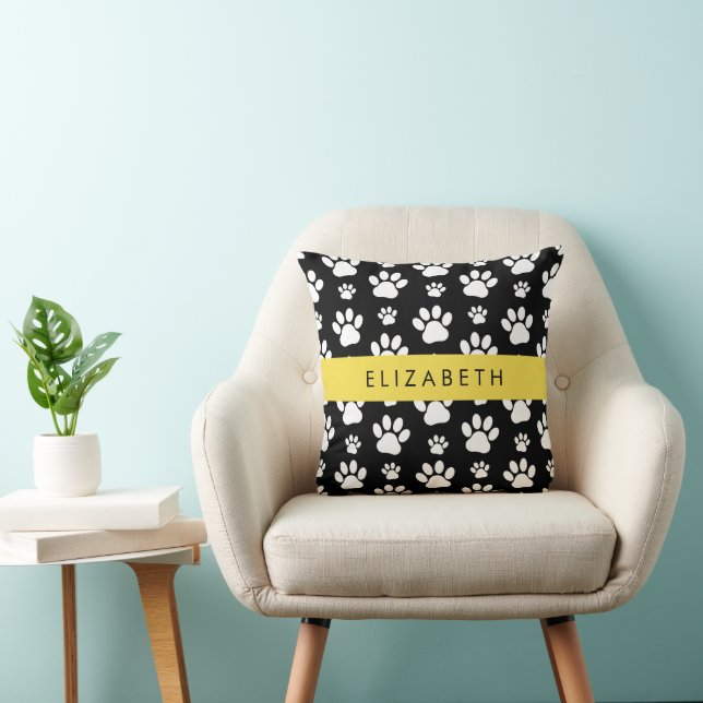 Paw Pattern, Dog Paws, Black and White, Your Name Cushion (Chair)
