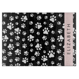 Paw Pattern, Dog Paws, Black and White, Your Name Cutting Board