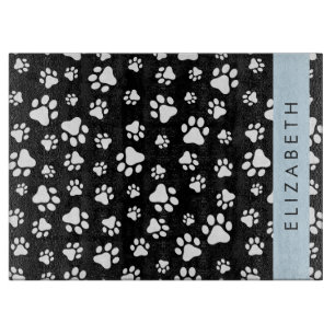 Paw Pattern, Dog Paws, Black and White, Your Name Cutting Board