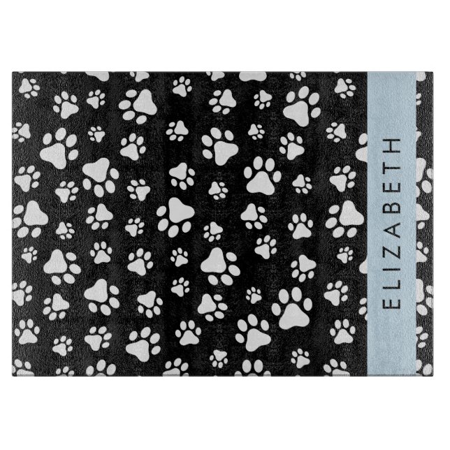 Paw Pattern, Dog Paws, Black and White, Your Name Cutting Board (Front)