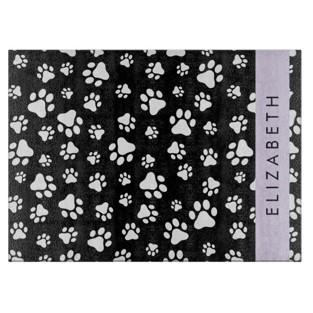 Paw Pattern, Dog Paws, Black and White, Your Name Cutting Board (Front)