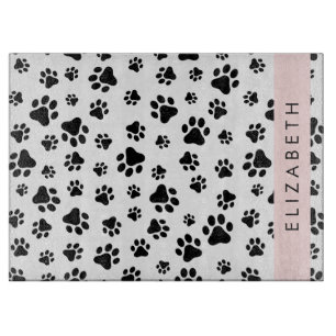 Paw Pattern, Dog Paws, Black and White, Your Name Cutting Board