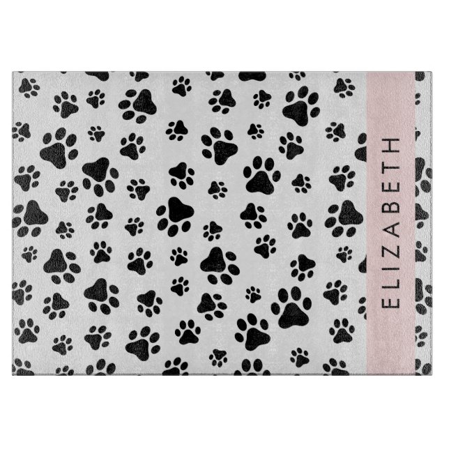 Paw Pattern, Dog Paws, Black and White, Your Name Cutting Board (Front)