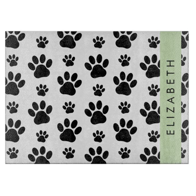 Paw Pattern, Dog Paws, Black and White, Your Name Cutting Board (Front)