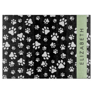 Paw Pattern, Dog Paws, Black and White, Your Name Cutting Board
