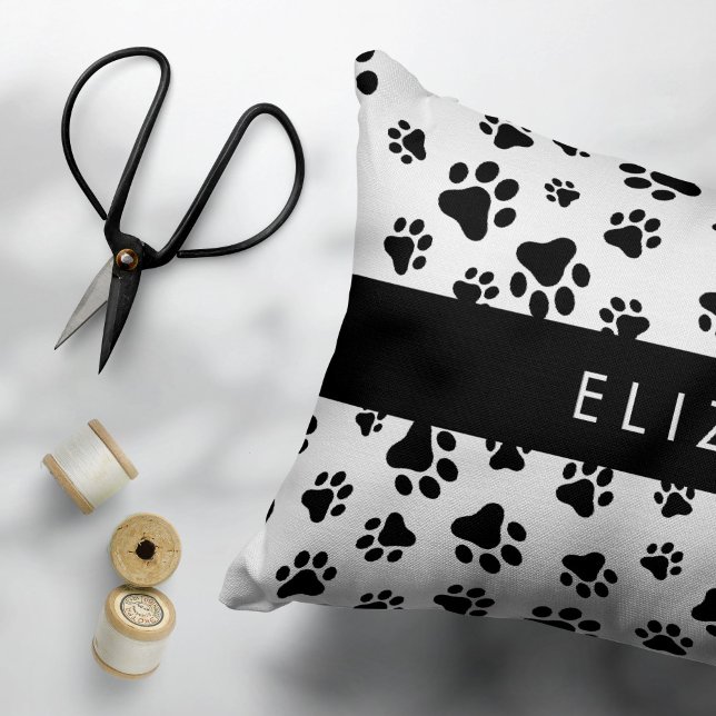 Paw Pattern, Dog Paws, Black and White, Your Name Decorative Cushion (Creator Uploaded)
