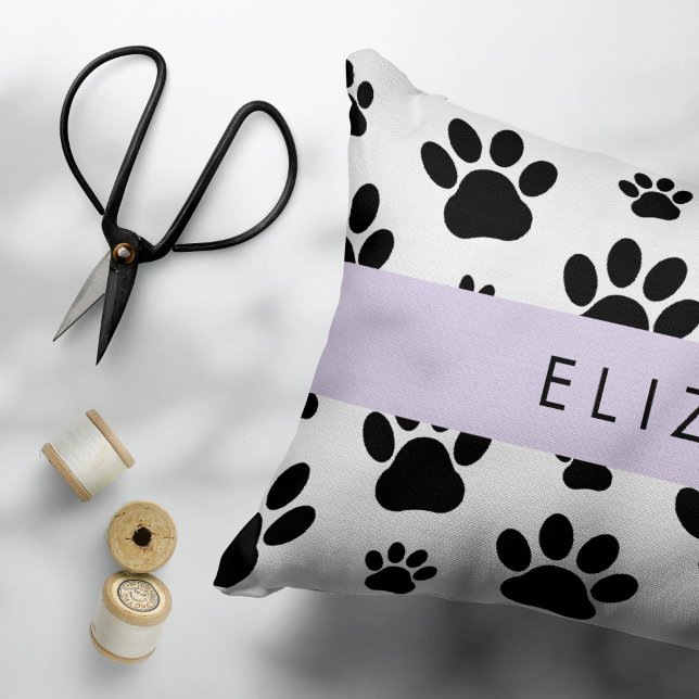 Paw Pattern, Dog Paws, Black and White, Your Name Decorative Cushion (Creator Uploaded)