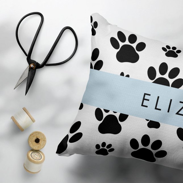 Paw Pattern, Dog Paws, Black and White, Your Name Decorative Cushion (Creator Uploaded)