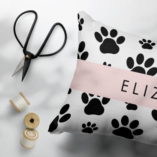 Paw Pattern, Dog Paws, Black and White, Your Name Decorative Cushion (Creator Uploaded)