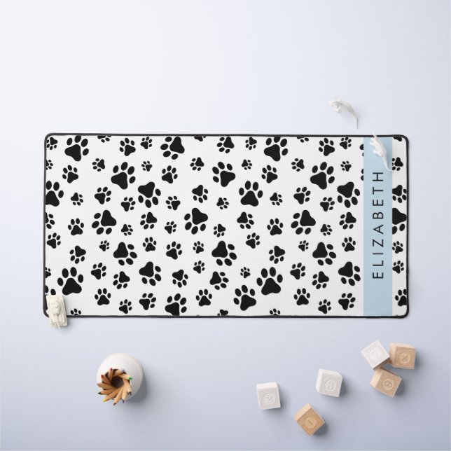 Paw Pattern, Dog Paws, Black and White, Your Name Desk Mat (Kids Table)