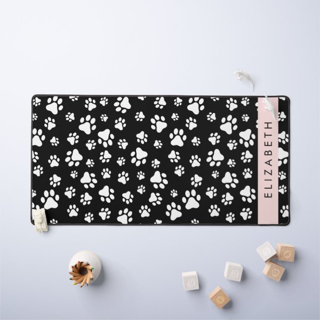 Paw Pattern, Dog Paws, Black and White, Your Name Desk Mat (Kids Table)