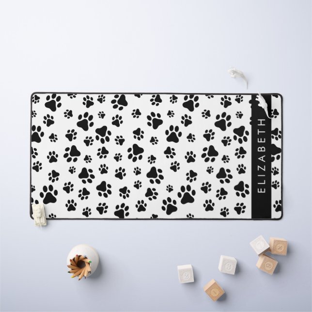 Paw Pattern, Dog Paws, Black and White, Your Name Desk Mat (Kids Table)