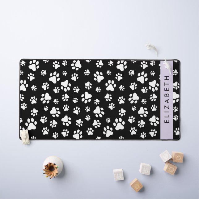 Paw Pattern, Dog Paws, Black and White, Your Name Desk Mat (Kids Table)
