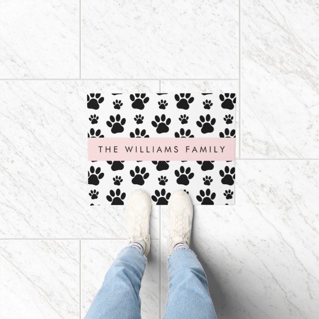 Paw Pattern, Dog Paws, Black and White, Your Name Doormat (Indoor)