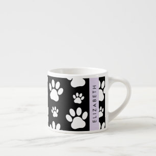 Paw Pattern, Dog Paws, Black and White, Your Name Espresso Cup