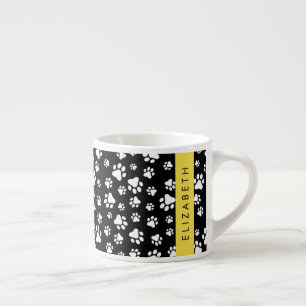 Paw Pattern, Dog Paws, Black and White, Your Name Espresso Cup