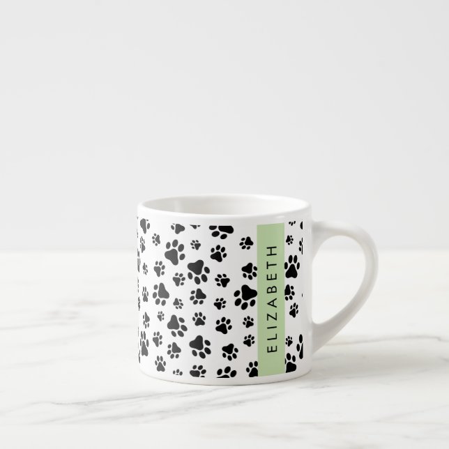 Paw Pattern, Dog Paws, Black and White, Your Name Espresso Cup (Right)