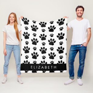 Paw Pattern, Dog Paws, Black and White, Your Name Fleece Blanket