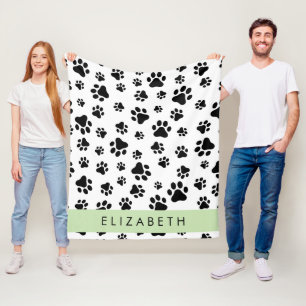 Paw Pattern, Dog Paws, Black and White, Your Name Fleece Blanket