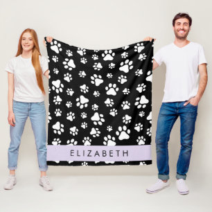 Paw Pattern, Dog Paws, Black and White, Your Name Fleece Blanket