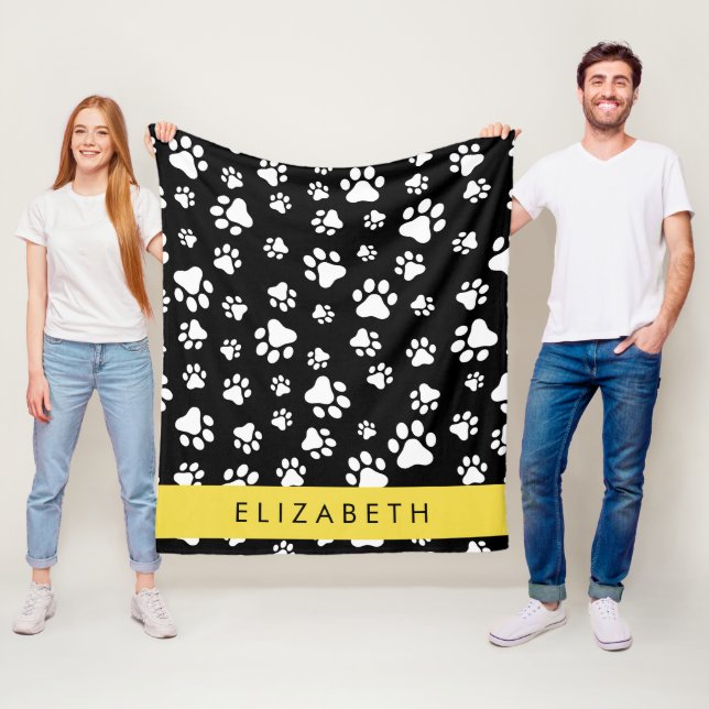Paw Pattern, Dog Paws, Black and White, Your Name Fleece Blanket (In Situ)
