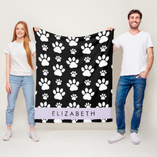 Paw Pattern, Dog Paws, Black and White, Your Name Fleece Blanket