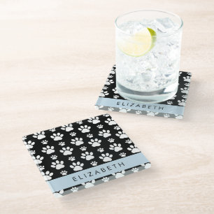 Paw Pattern, Dog Paws, Black and White, Your Name Glass Coaster