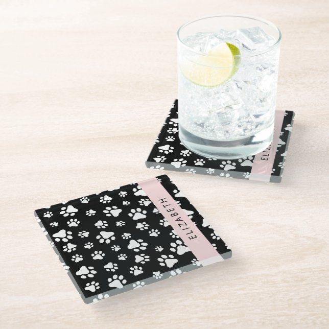 Paw Pattern, Dog Paws, Black and White, Your Name Glass Coaster (Angled)
