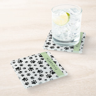 Paw Pattern, Dog Paws, Black and White, Your Name Glass Coaster