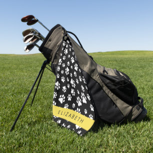 Paw Pattern, Dog Paws, Black and White, Your Name Golf Towel