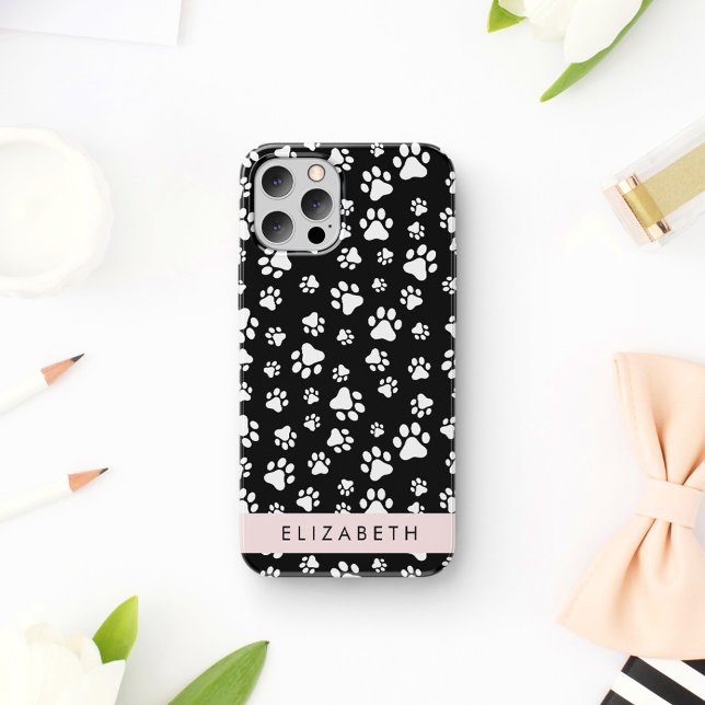 Paw Pattern, Dog Paws, Black and White, Your Name iPhone 16 Case (Creator Uploaded)