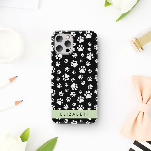 Paw Pattern, Dog Paws, Black and White, Your Name iPhone 16 Case (Creator Uploaded)