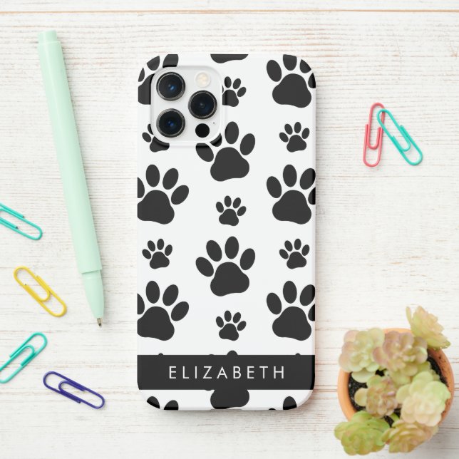 Paw Pattern, Dog Paws, Black and White, Your Name iPhone Case (On Desk)
