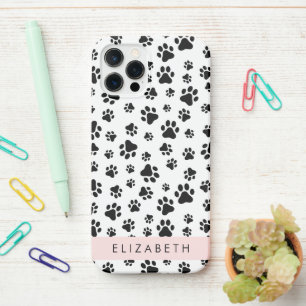 Paw Pattern, Dog Paws, Black and White, Your Name iPhone 12 Pro Case