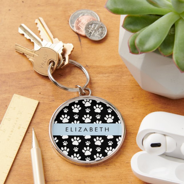 Paw Pattern, Dog Paws, Black and White, Your Name Key Ring (Desk)