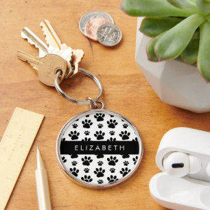 Paw Pattern, Dog Paws, Black and White, Your Name Key Ring