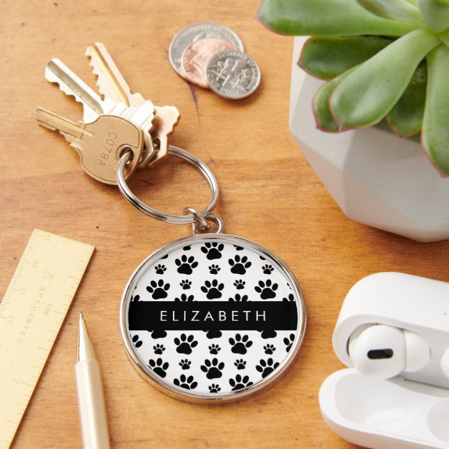 Paw Pattern, Dog Paws, Black and White, Your Name Key Ring (Desk)