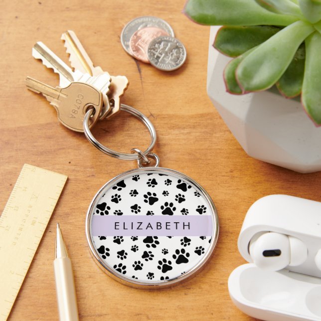 Paw Pattern, Dog Paws, Black and White, Your Name Key Ring (Desk)