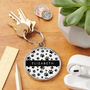 Paw Pattern, Dog Paws, Black and White, Your Name Key Ring