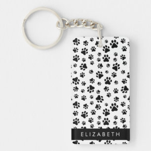 Paw Pattern, Dog Paws, Black and White, Your Name Key Ring