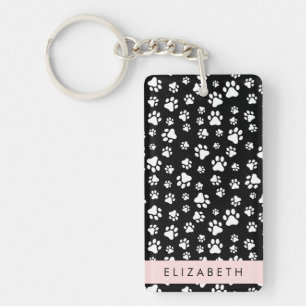 Paw Pattern, Dog Paws, Black and White, Your Name Key Ring