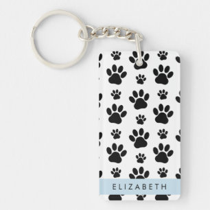 Paw Pattern, Dog Paws, Black and White, Your Name Key Ring