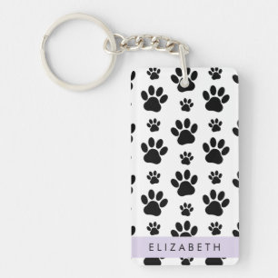 Paw Pattern, Dog Paws, Black and White, Your Name Key Ring