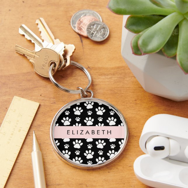 Paw Pattern, Dog Paws, Black and White, Your Name Key Ring (Desk)