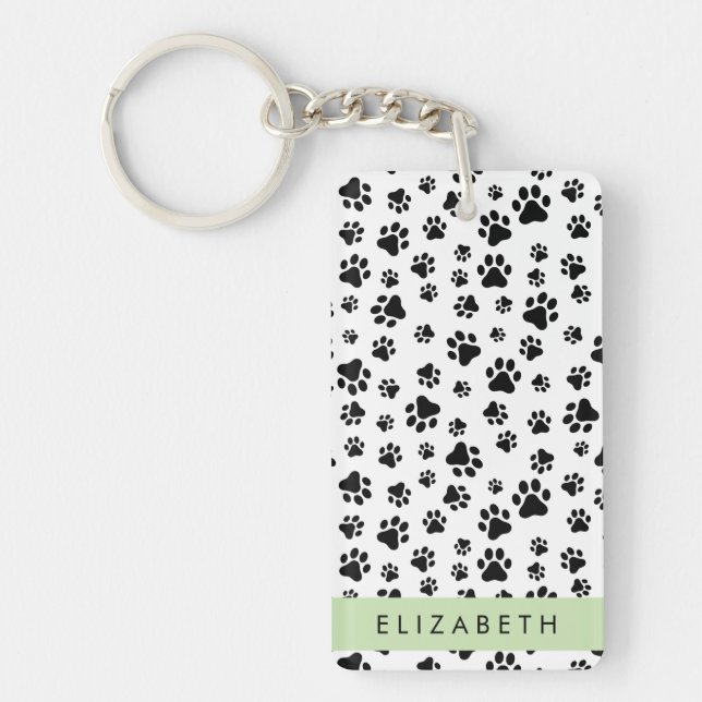 Paw Pattern, Dog Paws, Black and White, Your Name Key Ring (Front)
